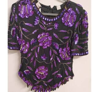 Vintage Laurence Kazar Top Silk Beaded Floral Petite Large